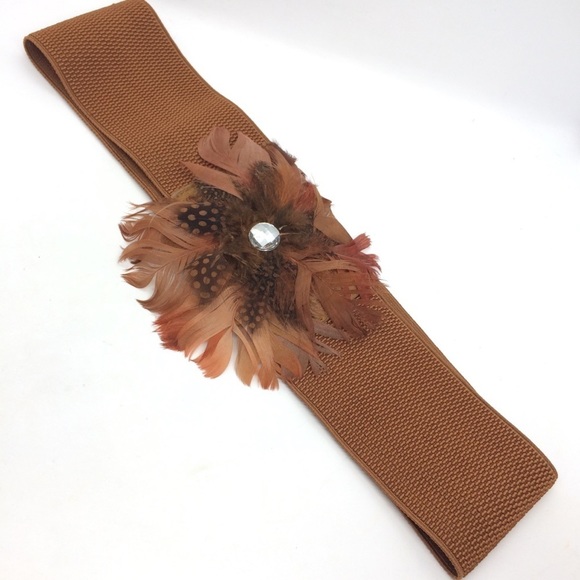 3/$30 VINTAGE FEATHER STRETCH BELT WIDE BROWN RHINESTONE ELASTIC FAUX LEATHER - Picture 6 of 14